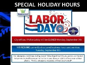 City of Warrenville Special Holiday hours 09/07/2020