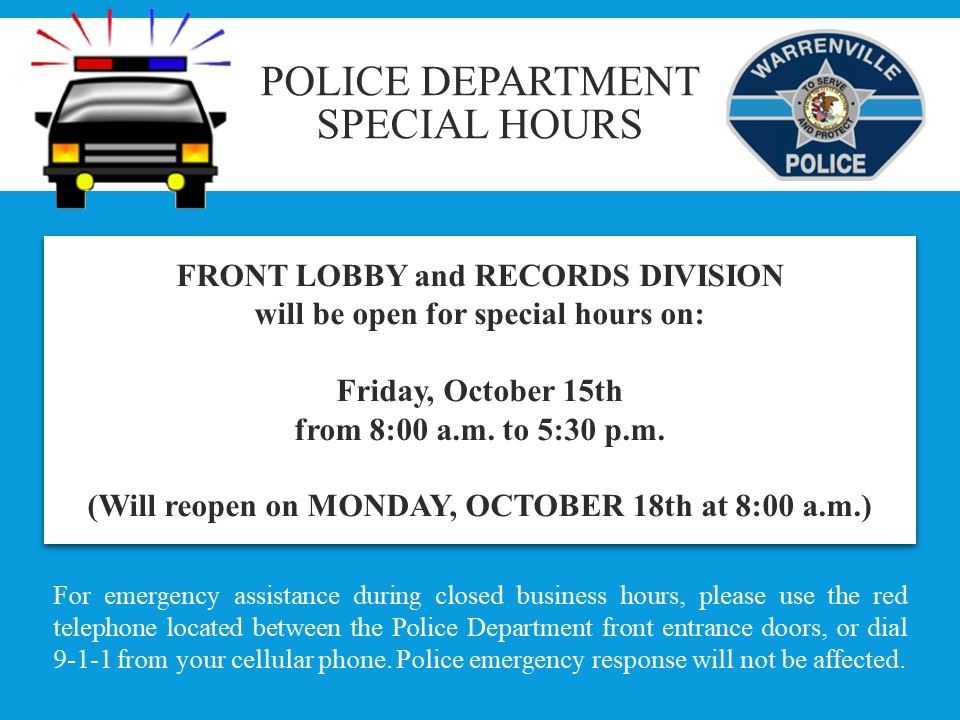Police Department Special Hours 10/15/21 (image)