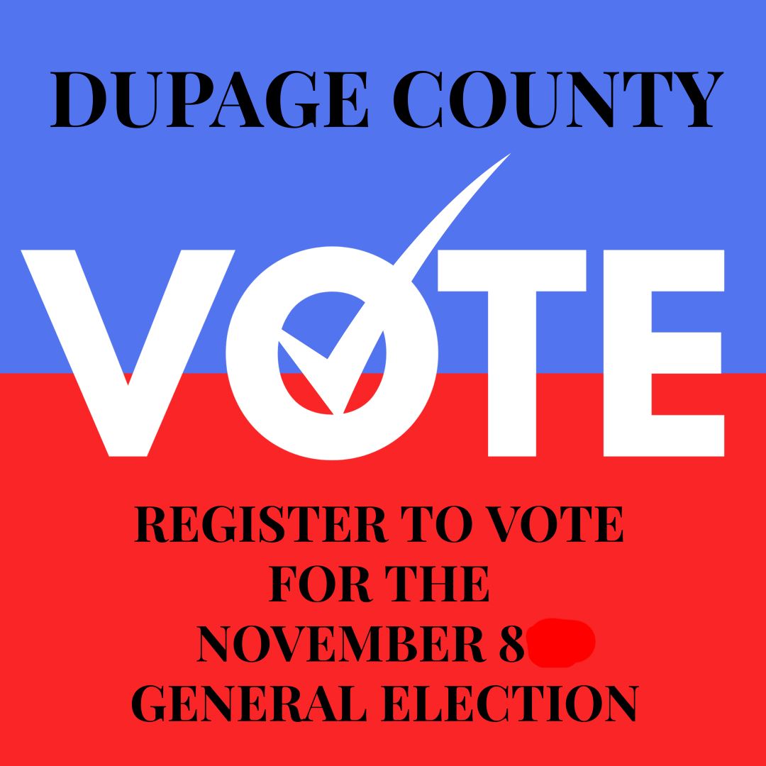 A red, white, and blue graphic that says 