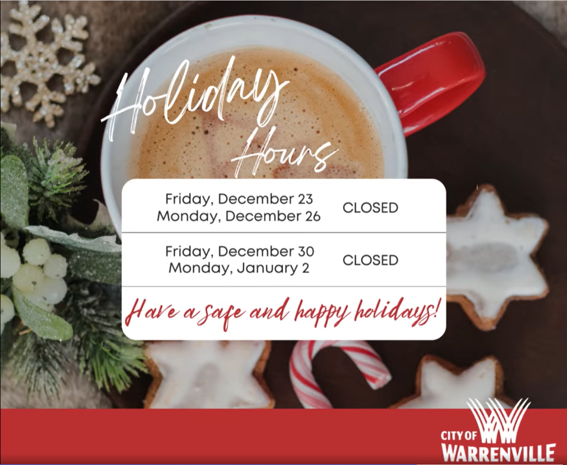 A picture of hot chocolate with a list of holiday closings at City Hall.