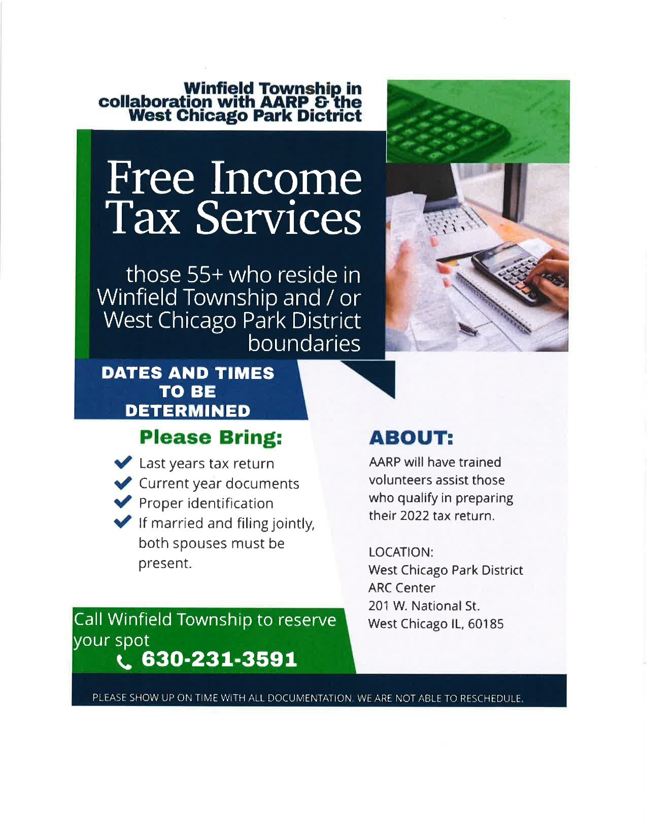 Tax flyer offering free tax service to residents ages 55 and up