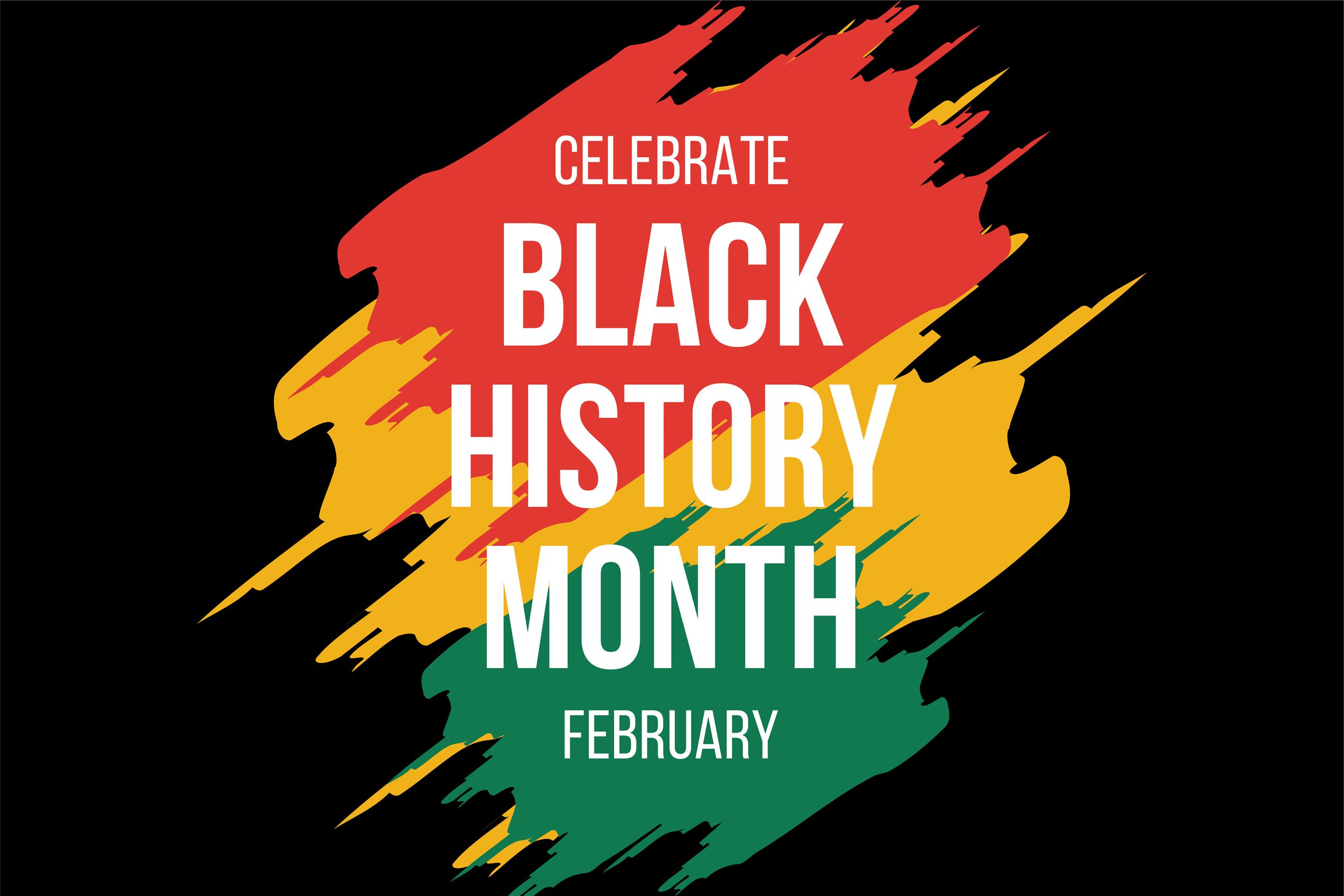 An image with red, green, and yellow stripes that says Black History Month