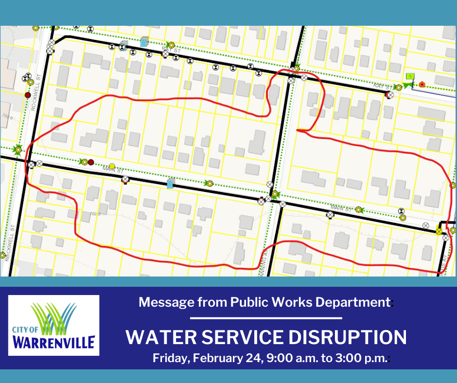 A map showing the area where water will be shut off February 24. 