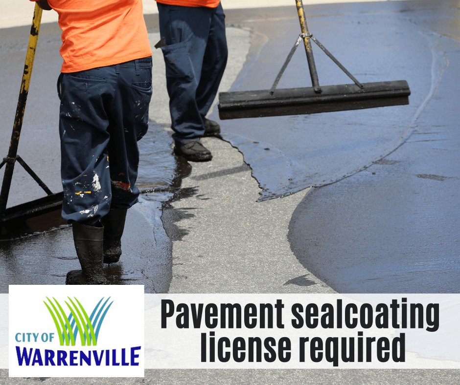 Photo of men sealcoating a driveway that says pavement sealcoating license required.
