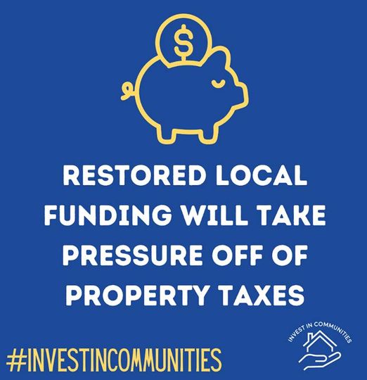 A graphic of a piggy bank that says Restored Local Funding Will Take Pressure Off of Property Taxes.