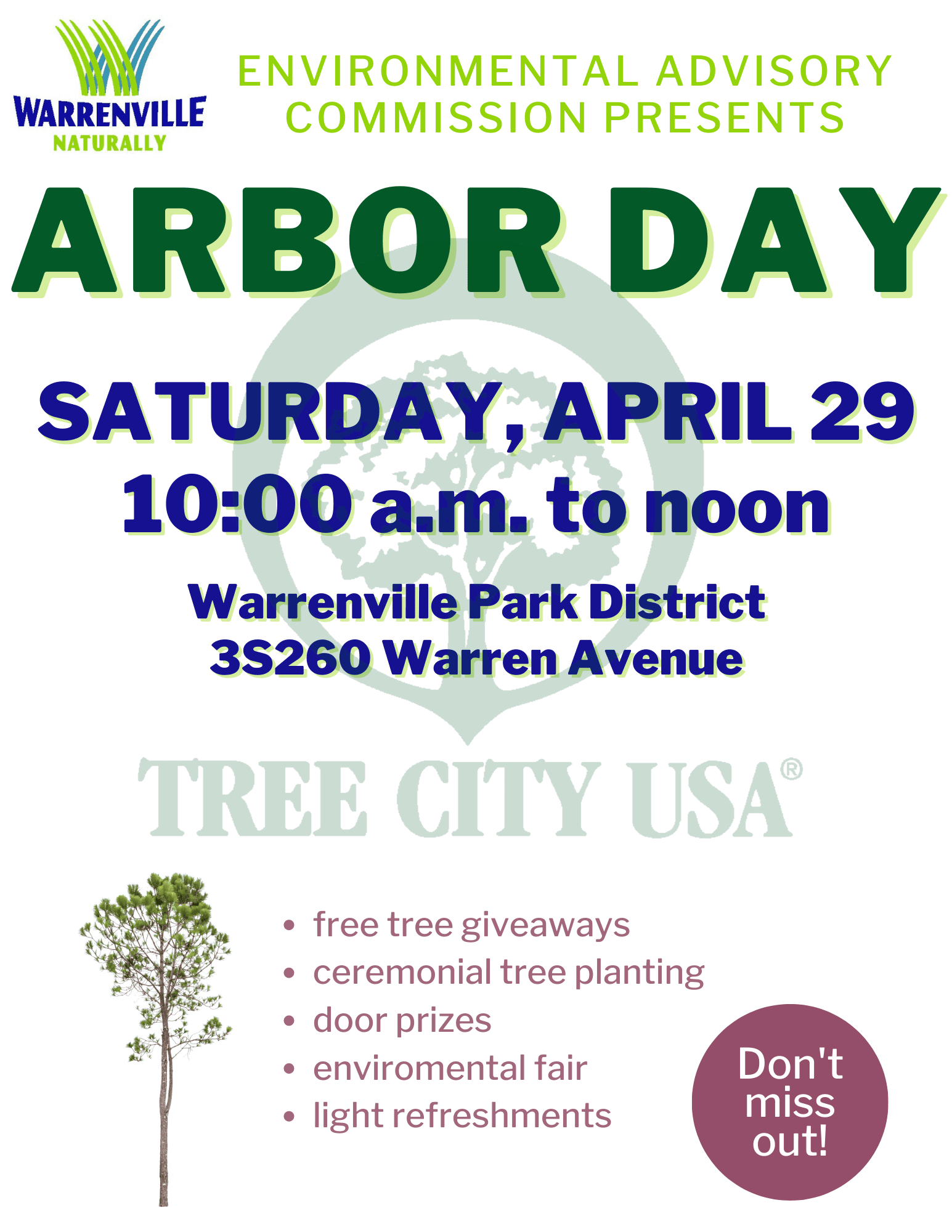 Arbor Day 2023 event flyer. April 29 10:00 a.m. to noon at Warrenville Park District.