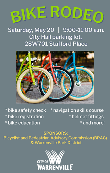 Bike rodeo May 20 at City Hall. Picture of bikes.