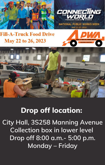 Fill A Truck Food Drive May 22-26 at City Hall. Shows Public Works staff collecting items.