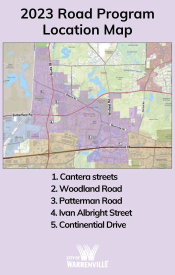 2023 Road Program Location Map showing streets that will be repaired this summer.