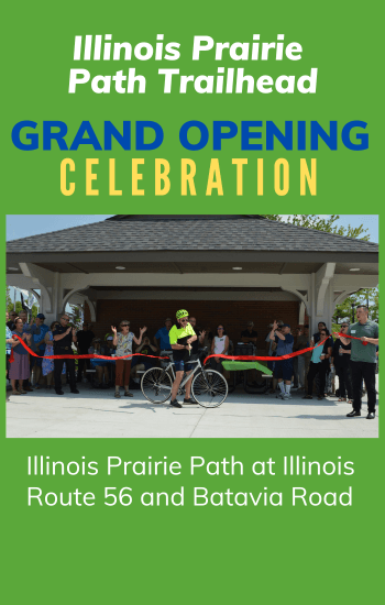Illinois Prairie Path Trailhead Path ribbon cutting ceremony in front of City Hall.
