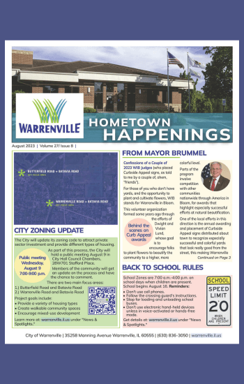 August Hometown Happenings newsletter front page