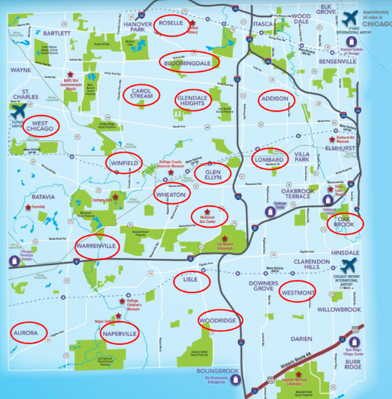 Warhol Pop Art challenge map of participating DuPage County communities.