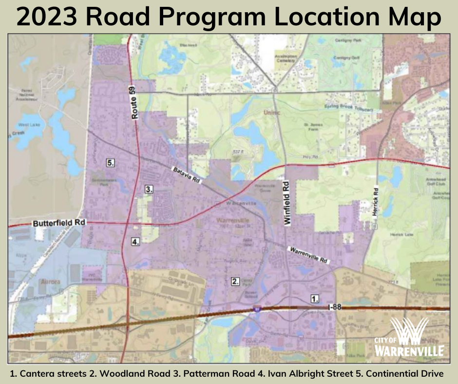 2023 Road Program Location Map showing streets that will be repaired.